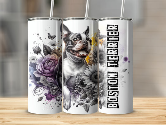 Boston Terrier design with floral accents on three tumblers.