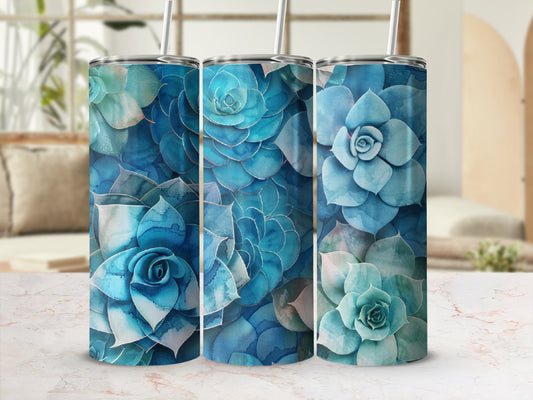 Three tumblers with blue succulent floral pattern.