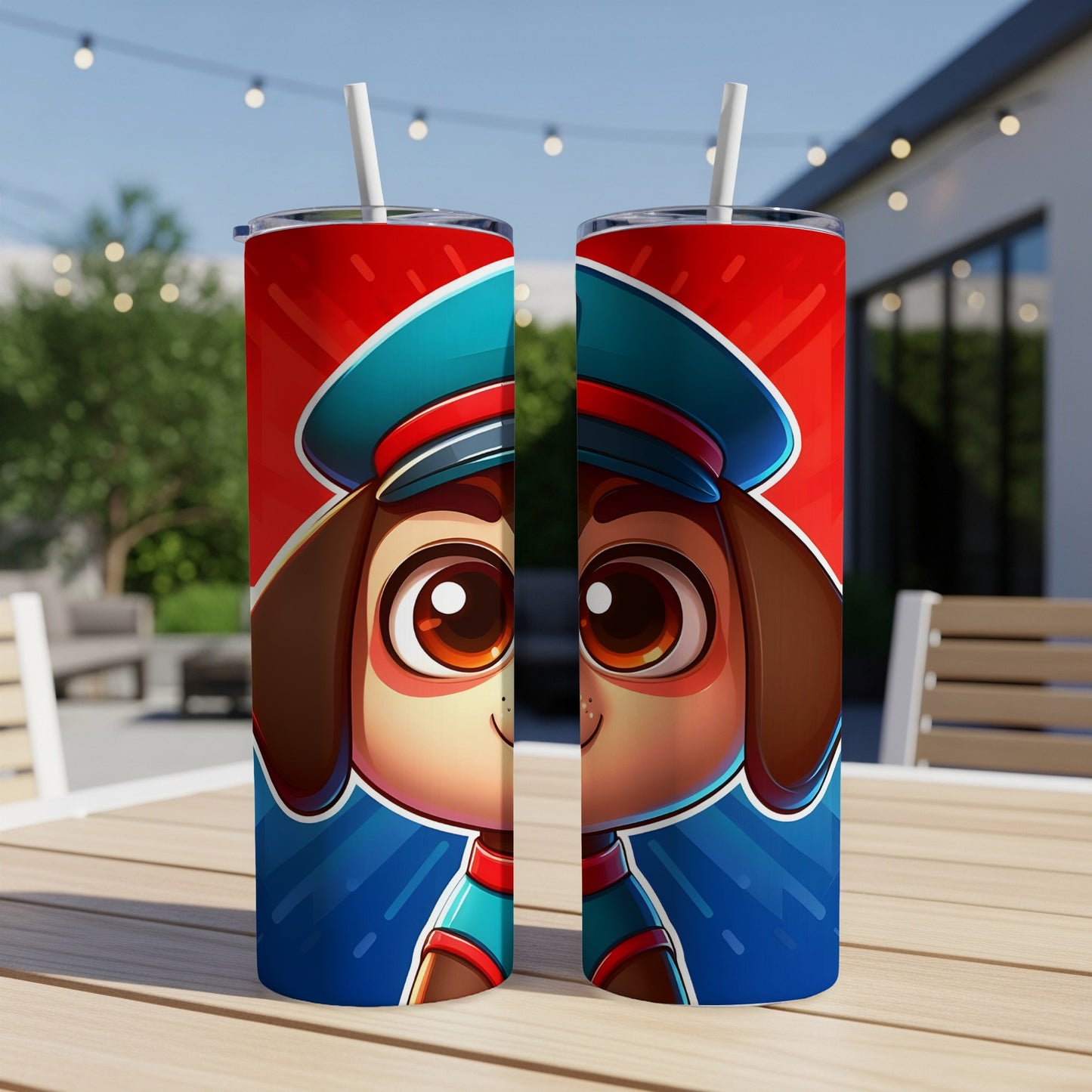 Two cartoon dogs wearing blue and red uniforms with hats and straws.