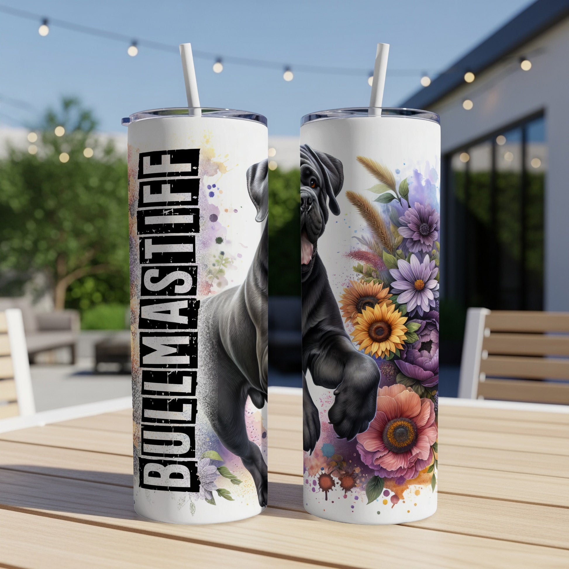 Bullmastiff dog with floral watercolor design on tumbler.