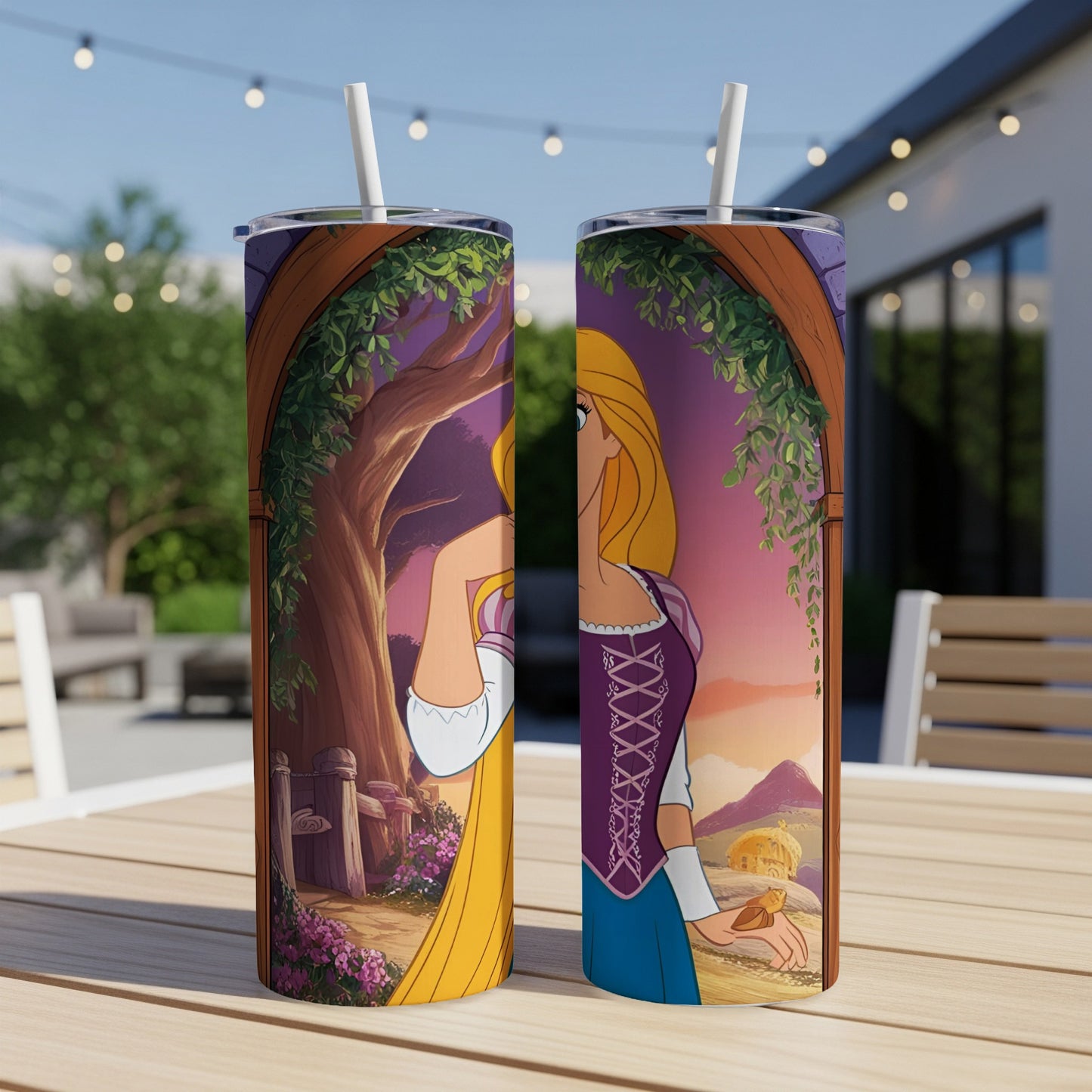 Rapunzel from Tangled with long blonde hair on a purple and blue tumbler.