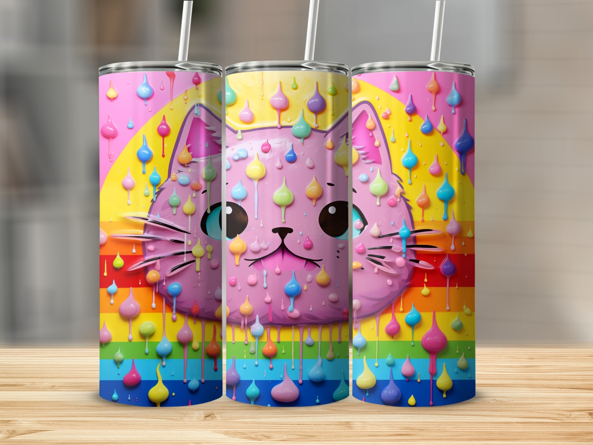 Cute Pink Cat with Rainbow Drips Tumbler Beverage Holder