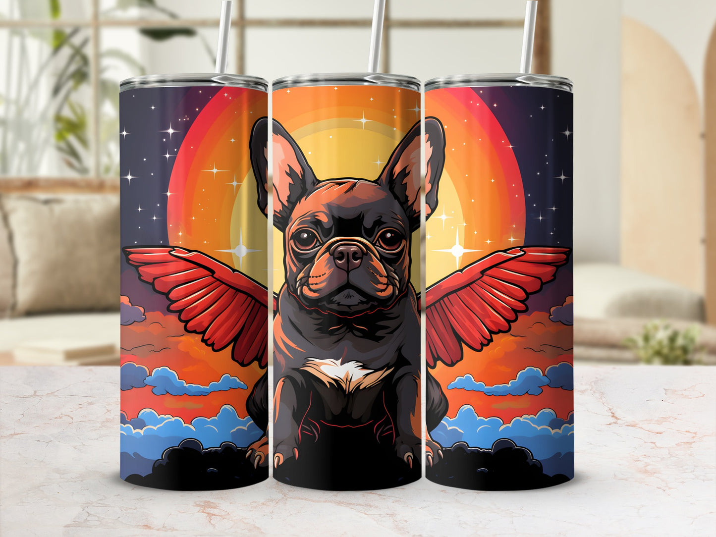 French bulldog with red wings on a cosmic sunset background, on a tumbler.