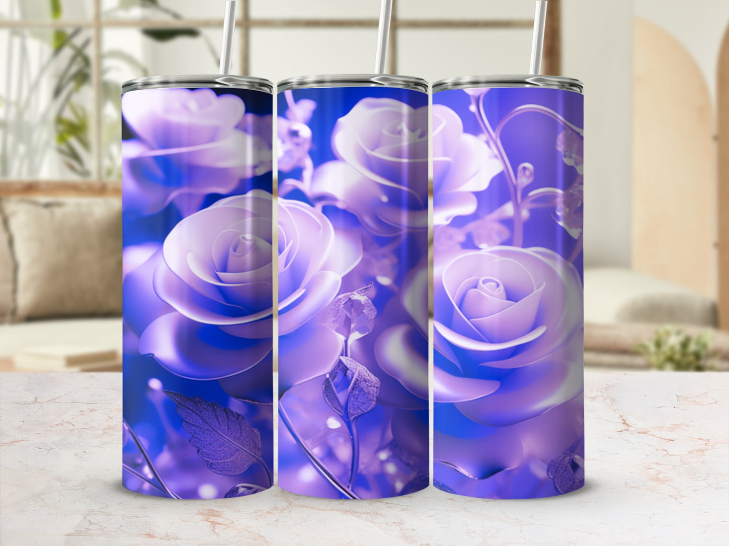 Three tumblers featuring a vibrant purple rose floral design.