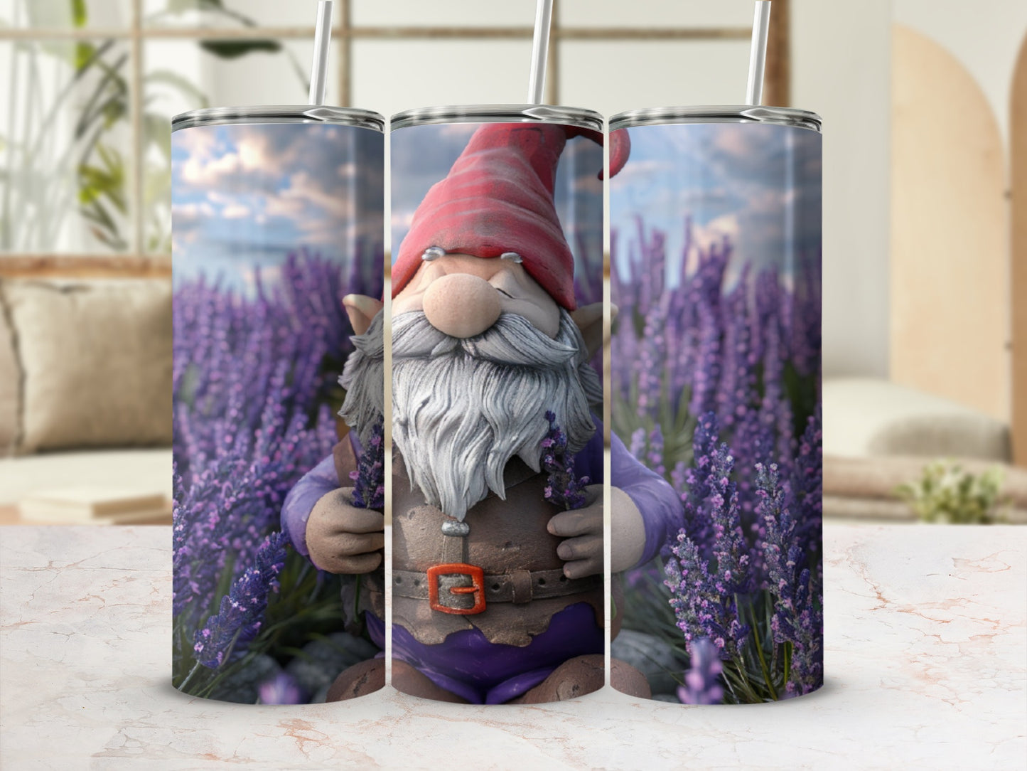 Gnome wearing a red hat and purple belt, holding lavender flowers.