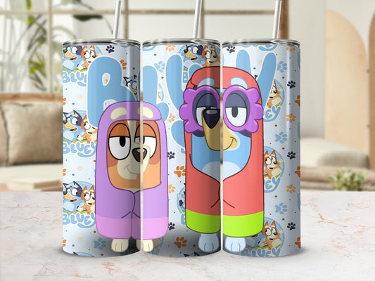 Bluey and Bingo characters on a light blue tumbler with straws.