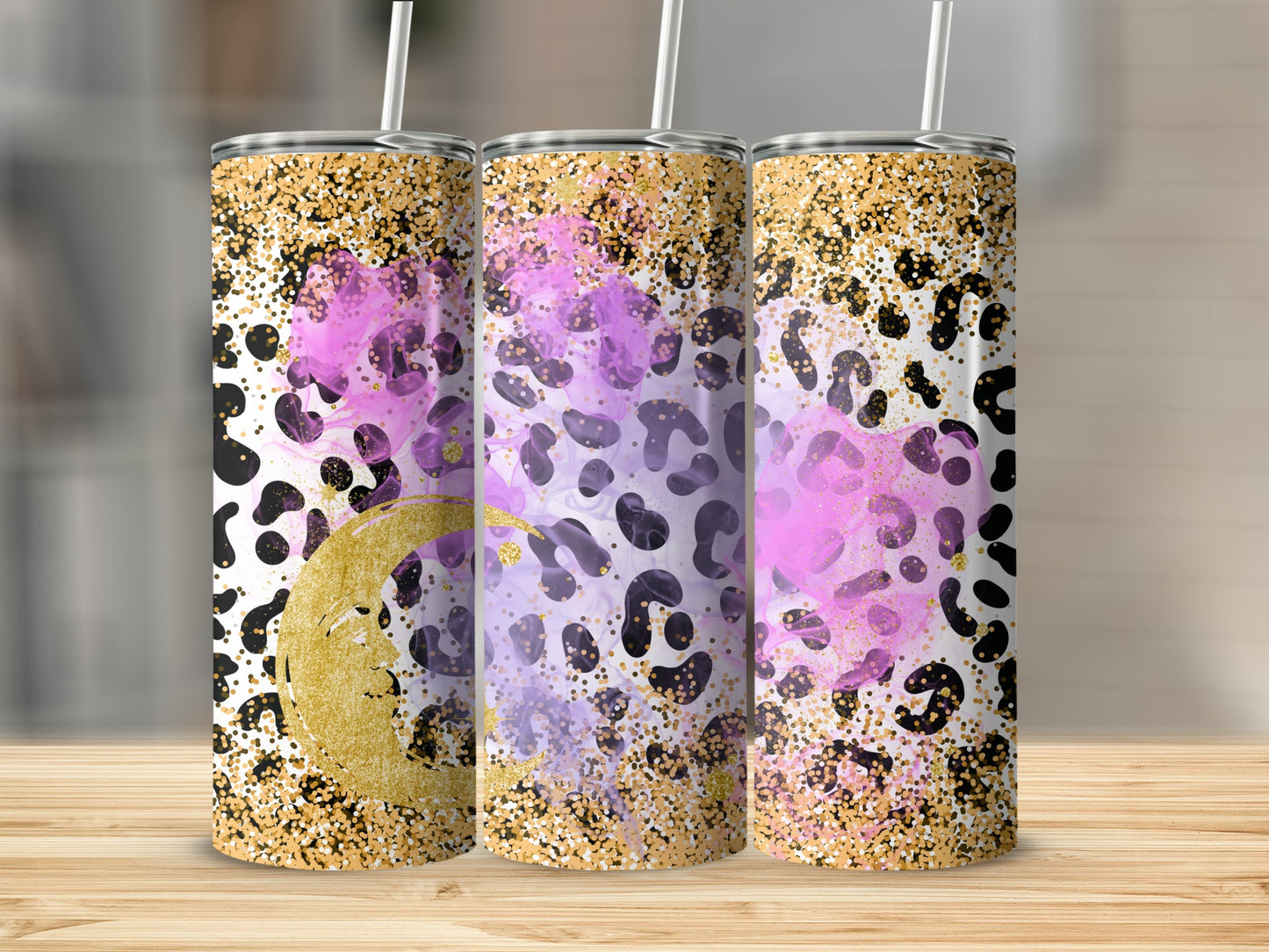 Gold Glitter Leopard Moon and Purple Smoke Tumbler