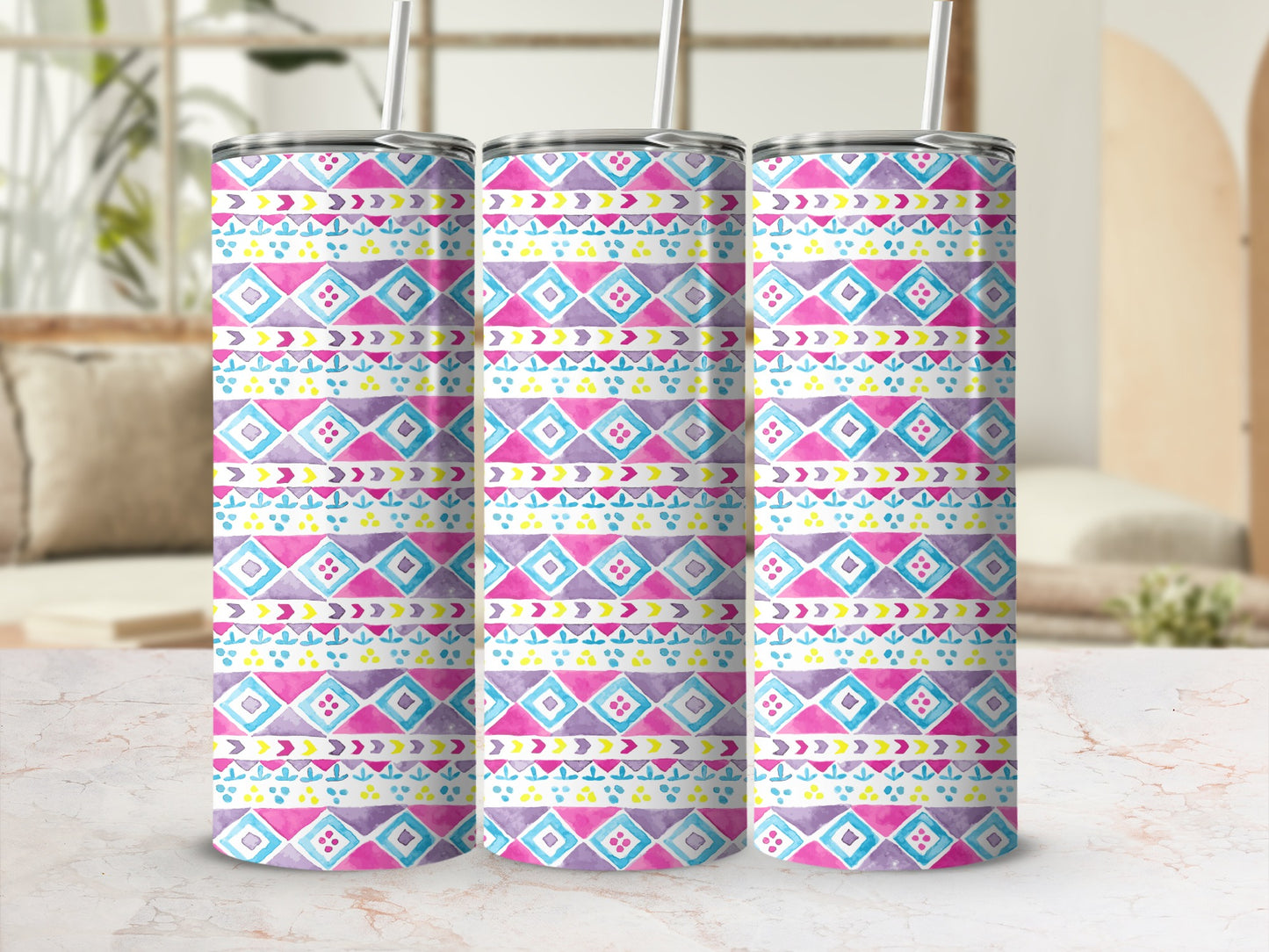 Colorful Geometric Pattern Tumbler Cup with Straw
