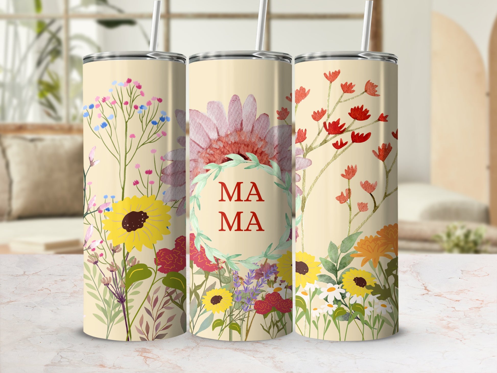Floral Design Tumbler with 'MAMA' Text Product