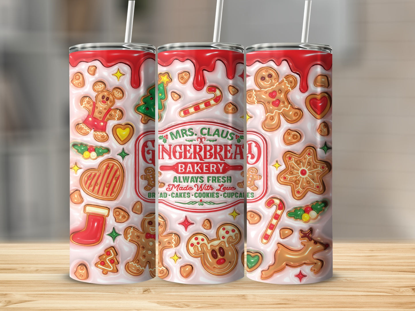 Mrs. Claus Gingerbread Bakery Design Tumbler Set