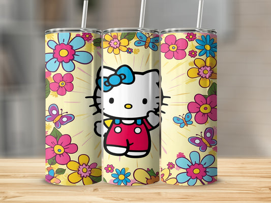 Hello Kitty in red overalls with flowers and butterflies on a yellow background.