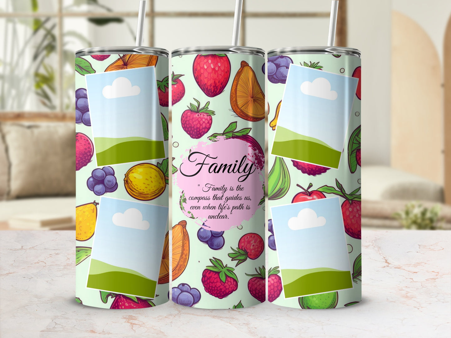 Tumbler with fruit pattern and quote "Family is the compass that guides us."