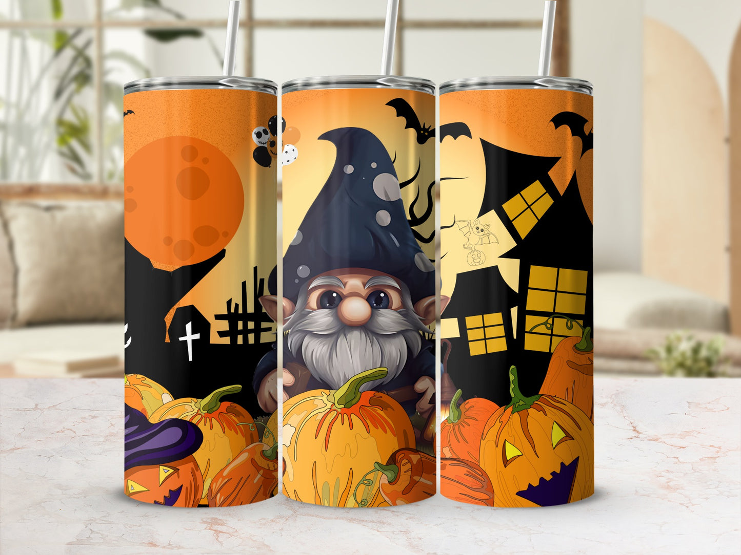 Halloween Gnome and Pumpkins Themed Tumbler