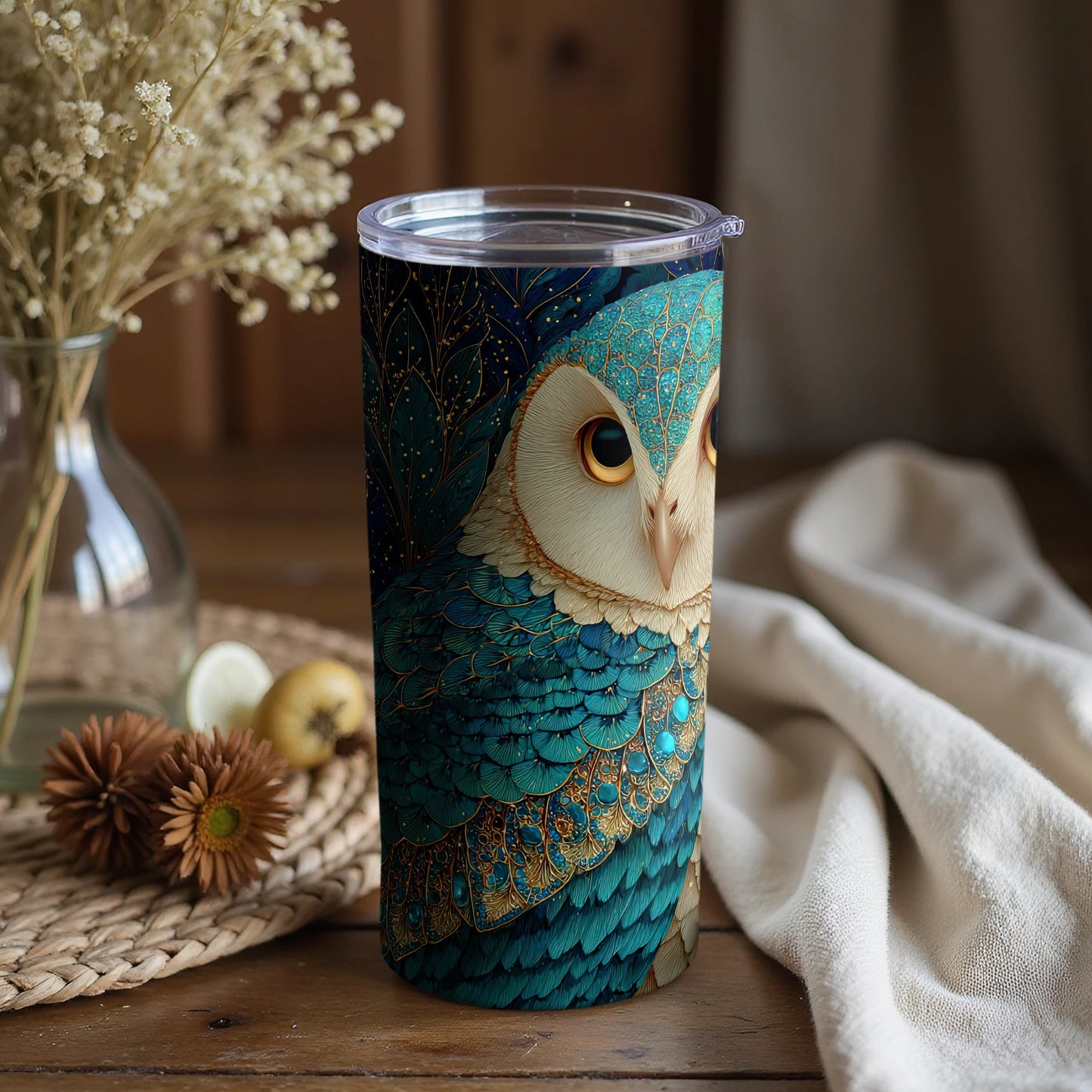Stunning Owl Artwork Travel Tumbler with Lid