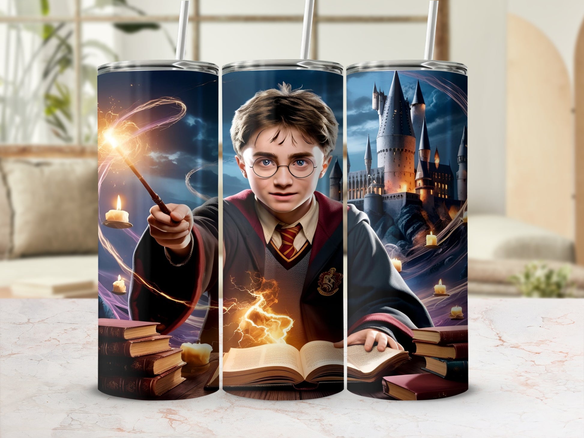 Harry Potter holding a wand, surrounded by books and Hogwarts castle.