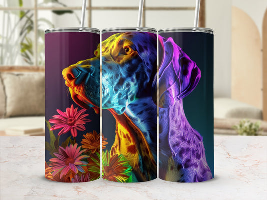 Tumbler with abstract colorful dog portrait and floral accents.