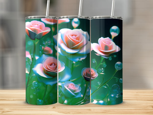 Three tumblers with a floral design of pink roses and green foliage.