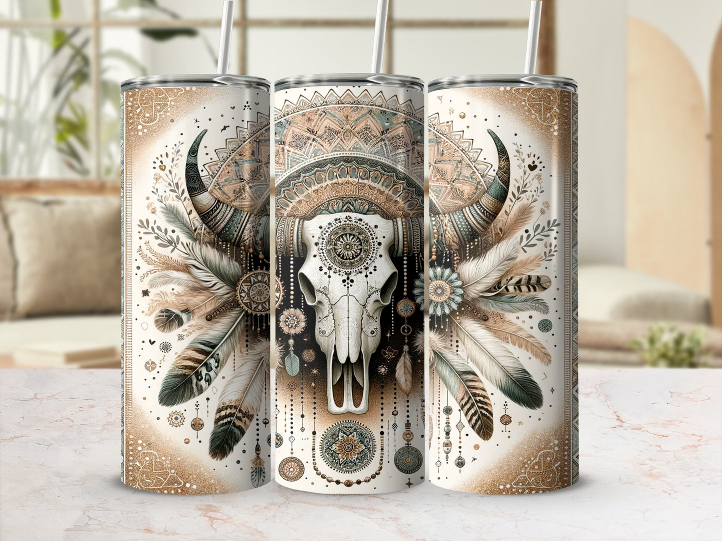 Boho bull skull with feathers and mandala pattern on a tumbler.