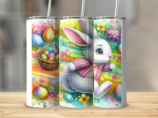 Easter bunny with basket of colorful eggs and flowers.
