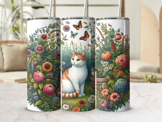 White tumbler with ginger cat among colorful flowers and butterflies.