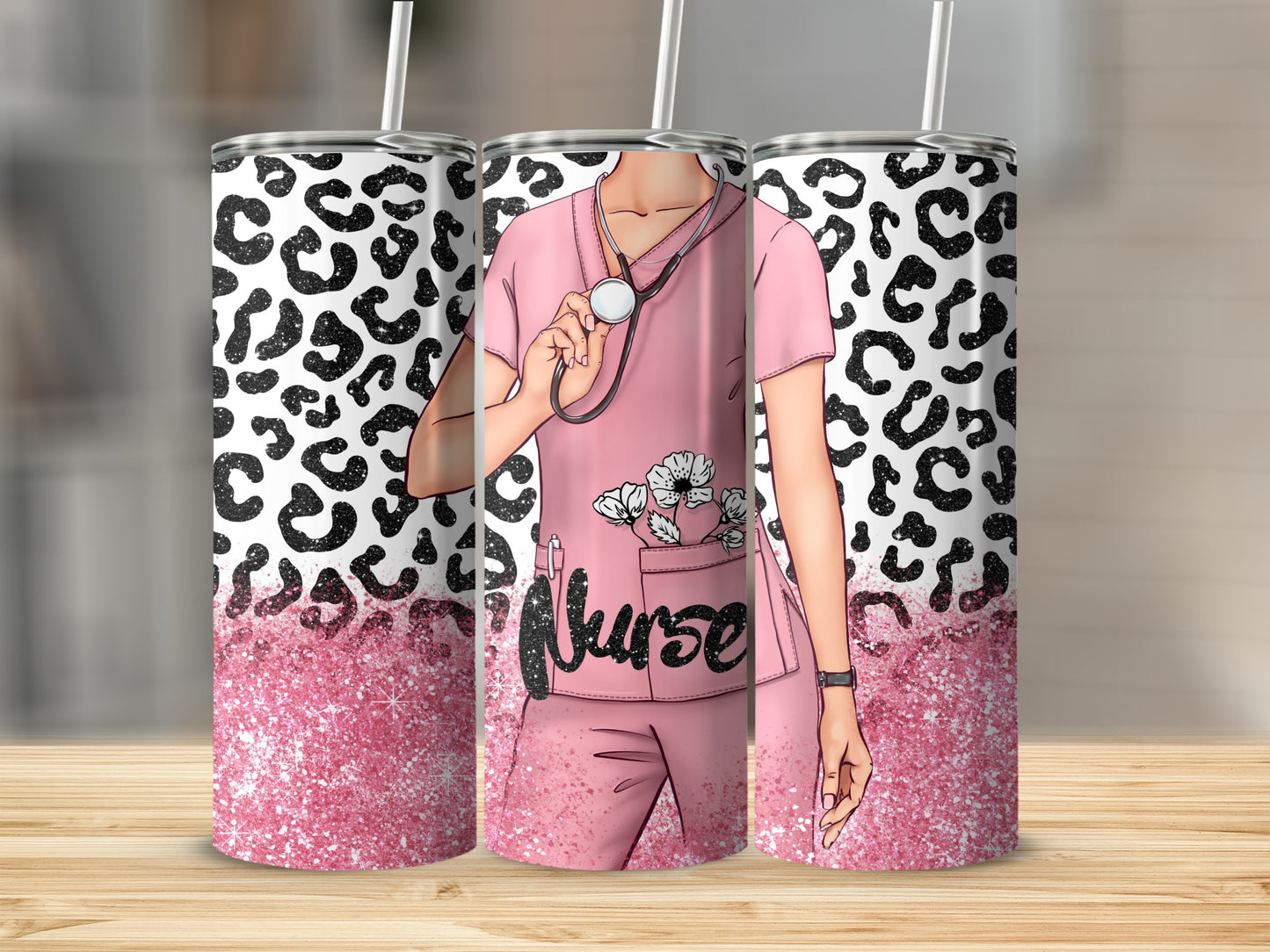 Pink nurses scrub top and pants with leopard print and glitter accents.