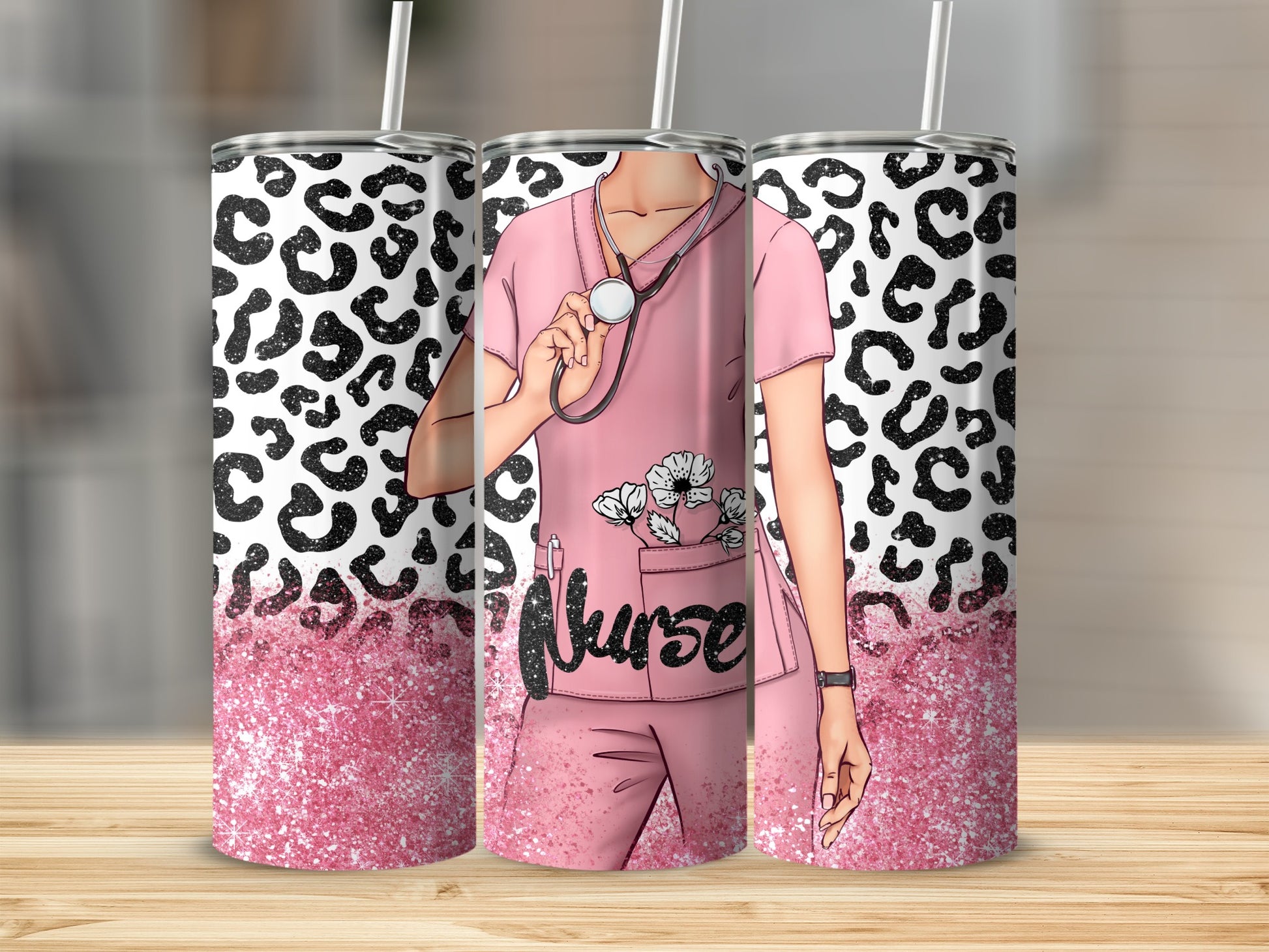 Pink nurses scrub top and pants with leopard print and glitter accents.
