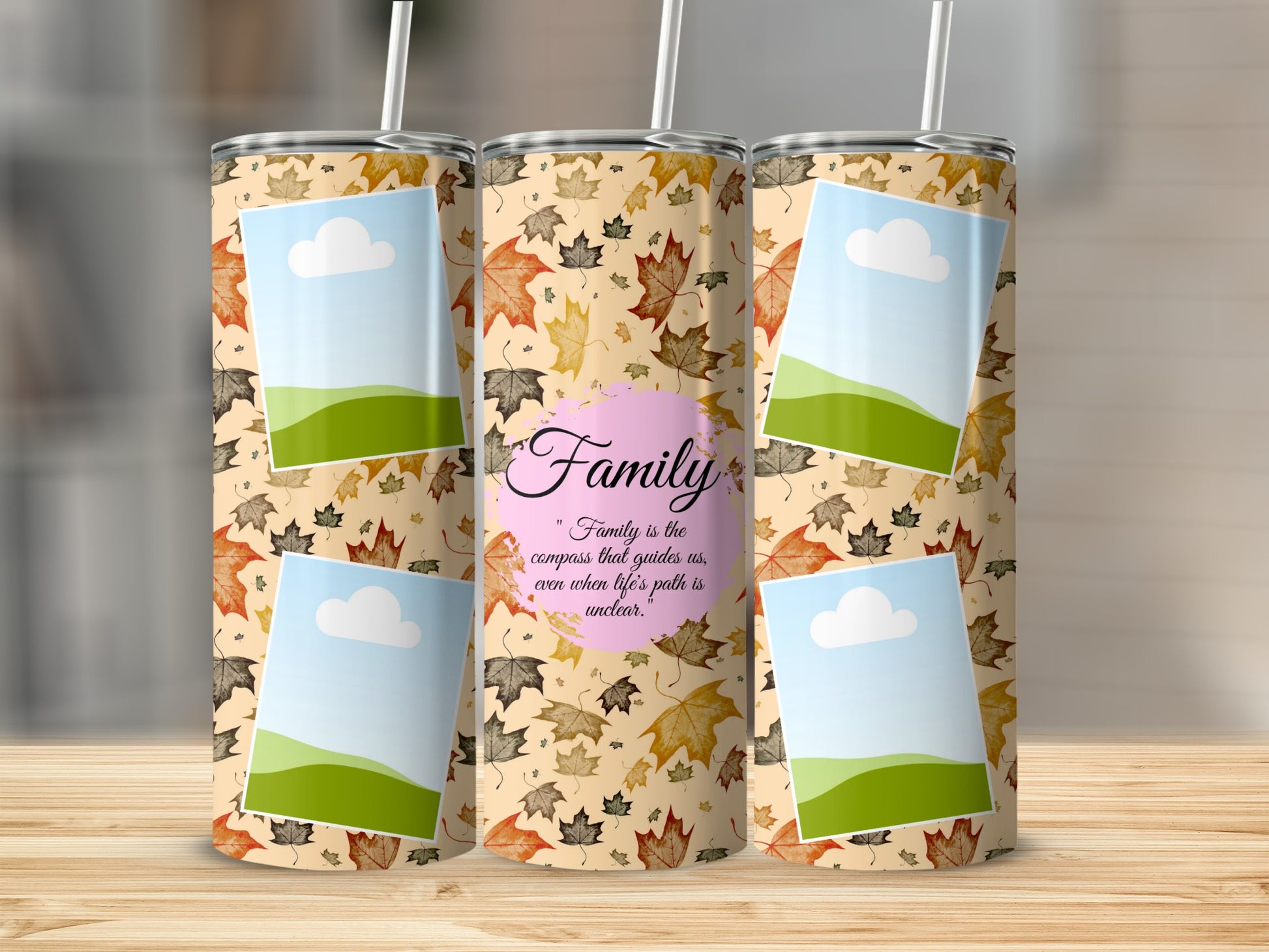 Tumblers with fall leaves pattern and photo frames, featuring the text "Family".