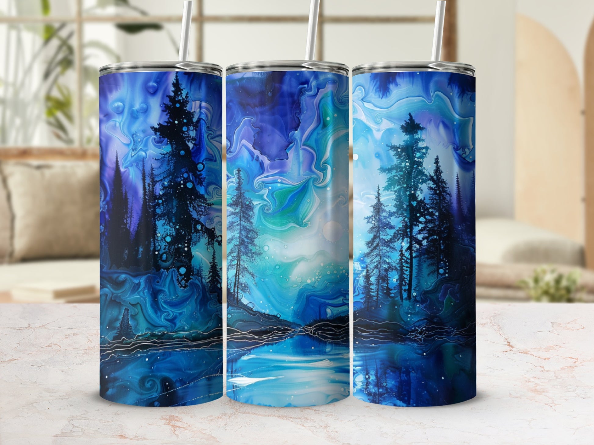 Three tumblers featuring a dark forest scene with a reflective lake under a swirling blue sky.