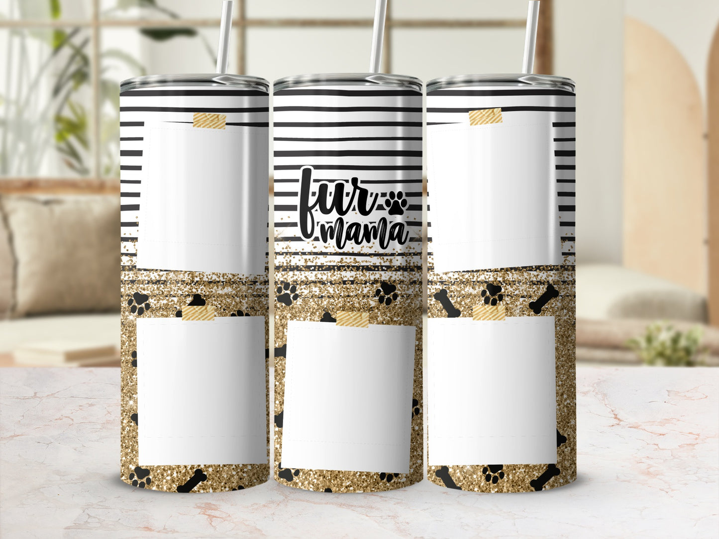 Three tumblers with black and white stripes, paw prints, and "Fur Mama" text.