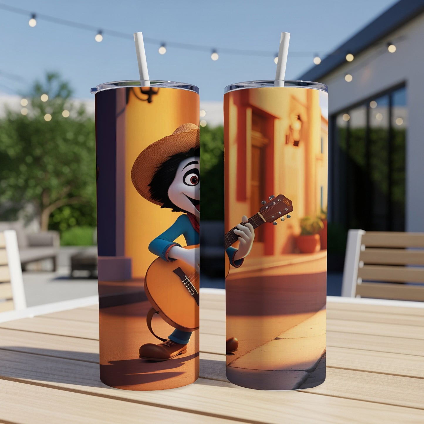 Cartoon character in straw hat plays guitar on street, tumbler mockup.