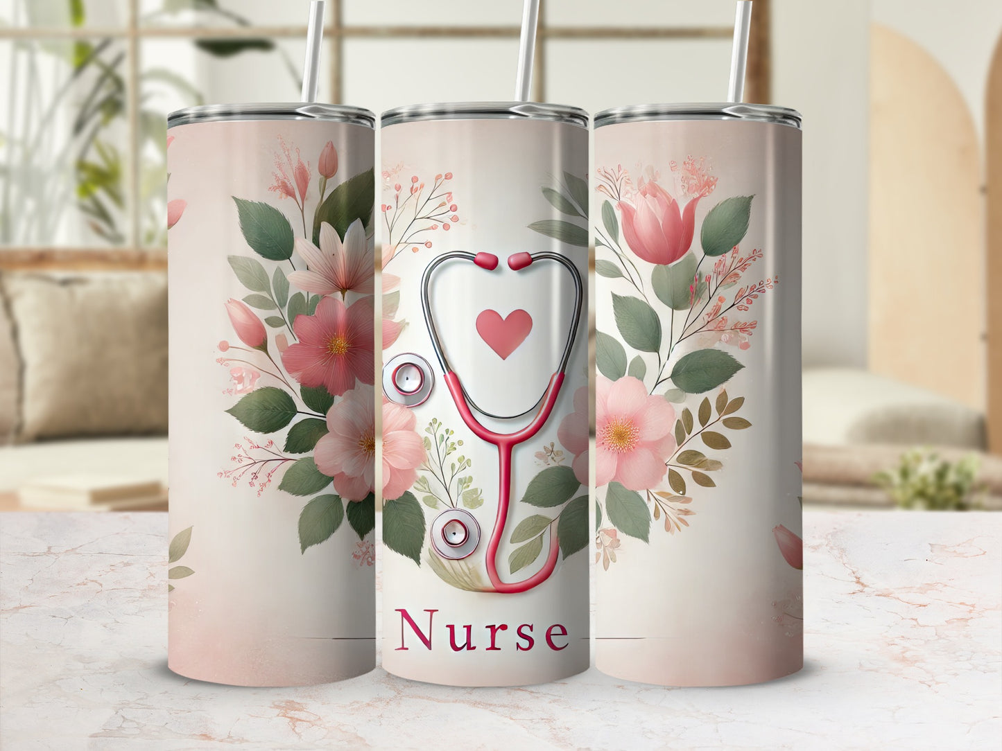 Tumbler with stethoscope, heart, and floral design, reading "Nurse."