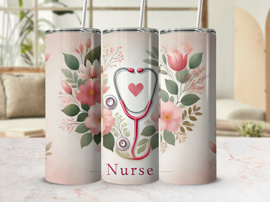 Tumbler with stethoscope, heart, and floral design, reading "Nurse."