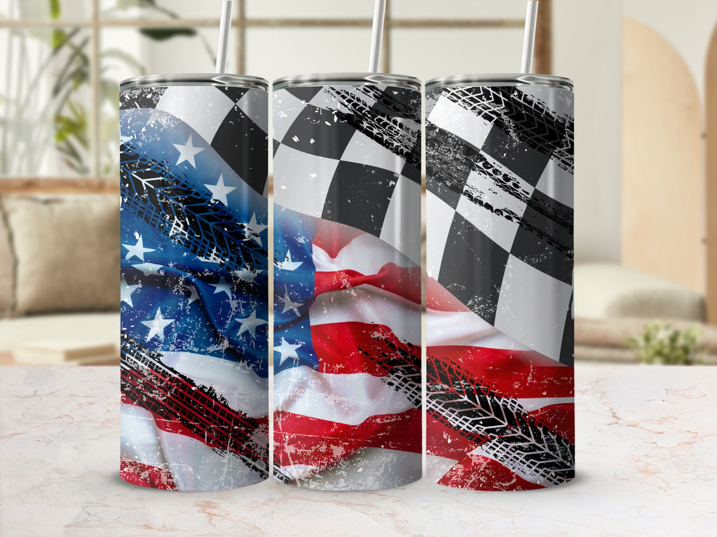 Patriotic Flag and Racing Tire Tread Tumbler Cup