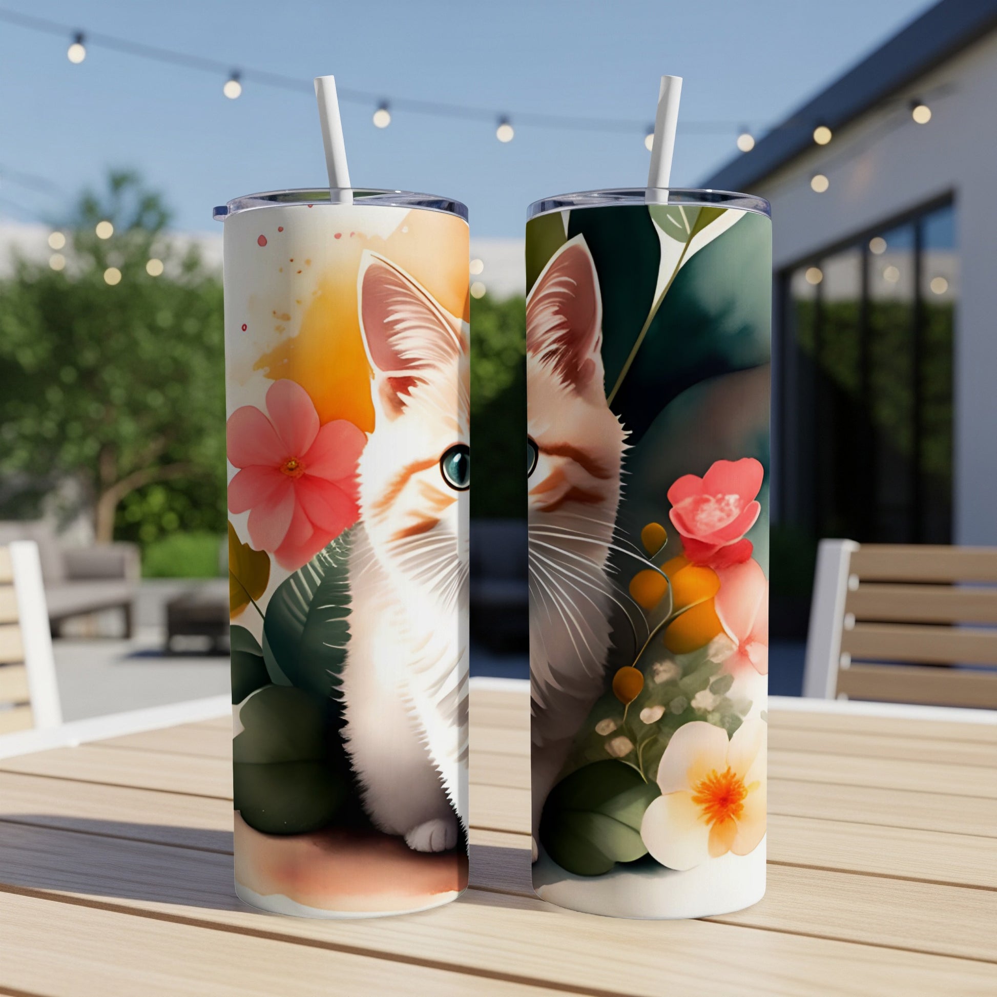 Two tall tumblers with a watercolor-style cat and floral design.