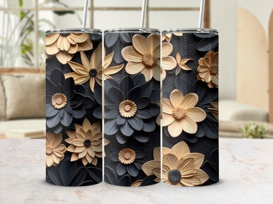 Three tall floral tumblers with intricate embossed flower designs.