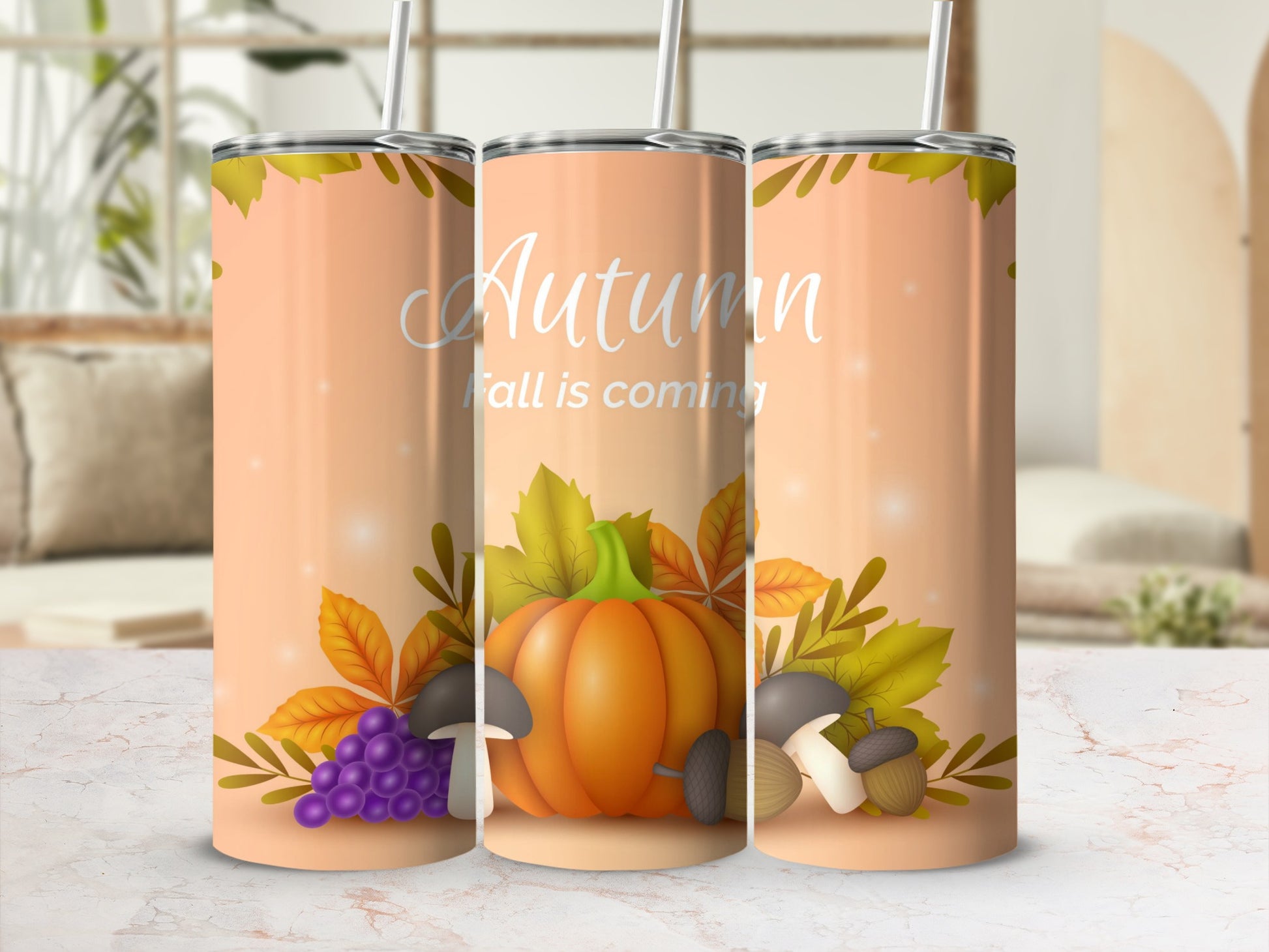 Autumn Is Coming Pumpkin Grapes Mushrooms Cup Tumbler