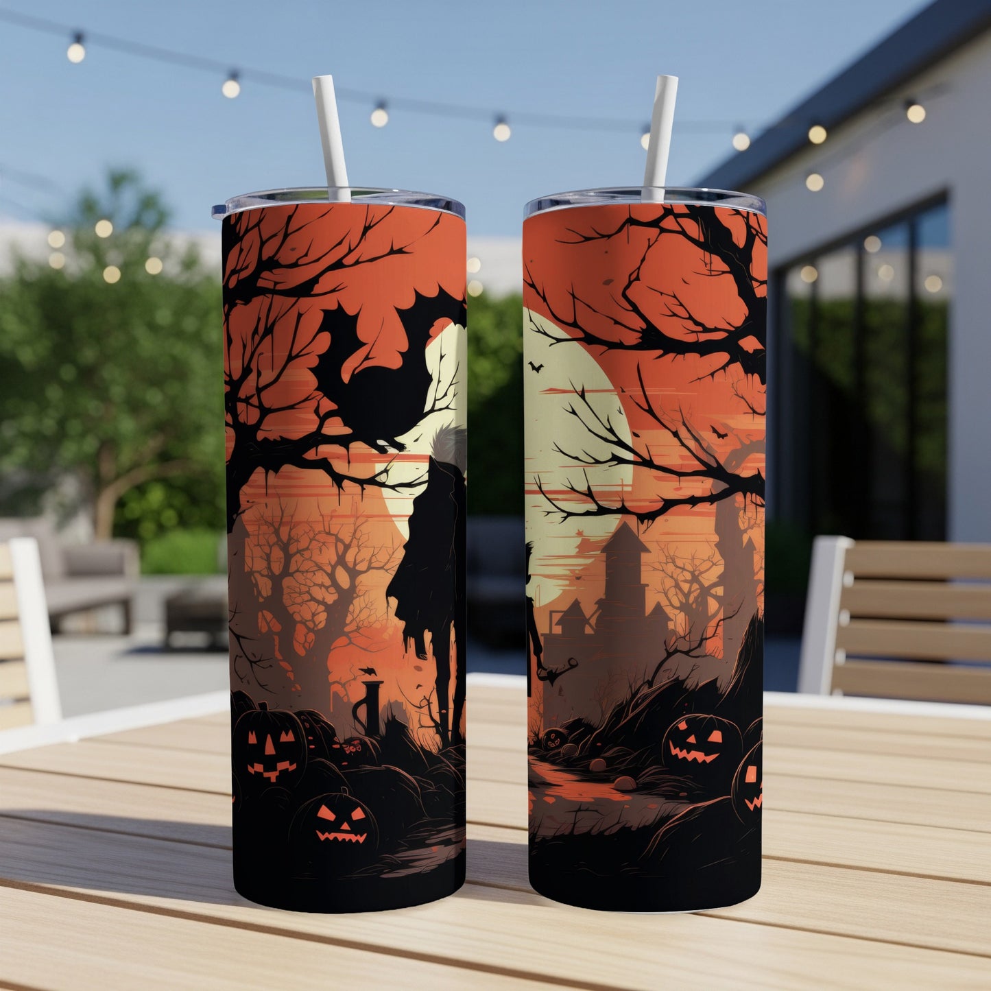 Halloween tumblers with spooky trees, pumpkins, bats, and a silhouette figure.
