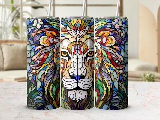 Stained glass lion face tumbler with floral accents.