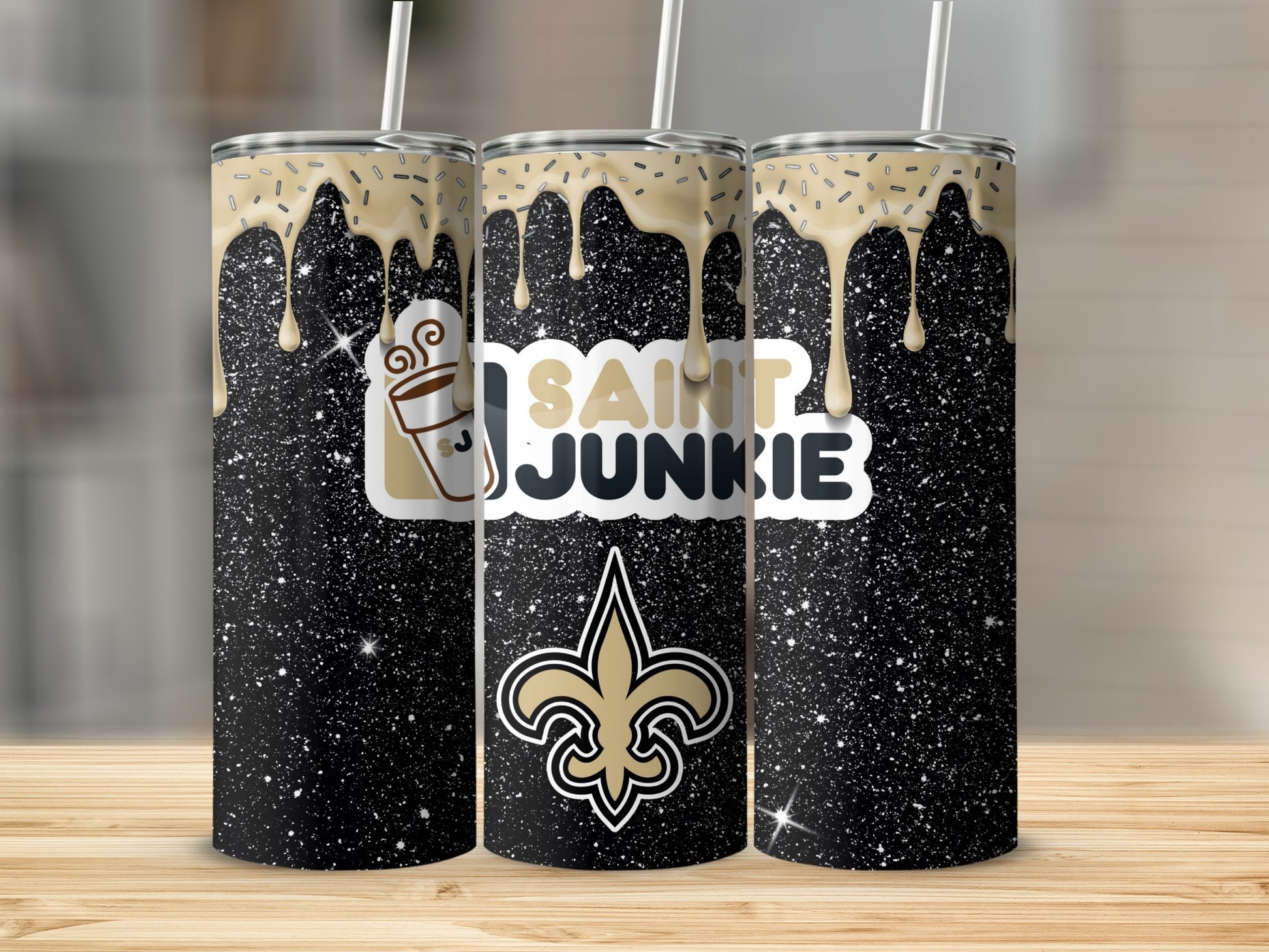 Black Glitter Saint Junkie Design Stainless Steel Tumbler