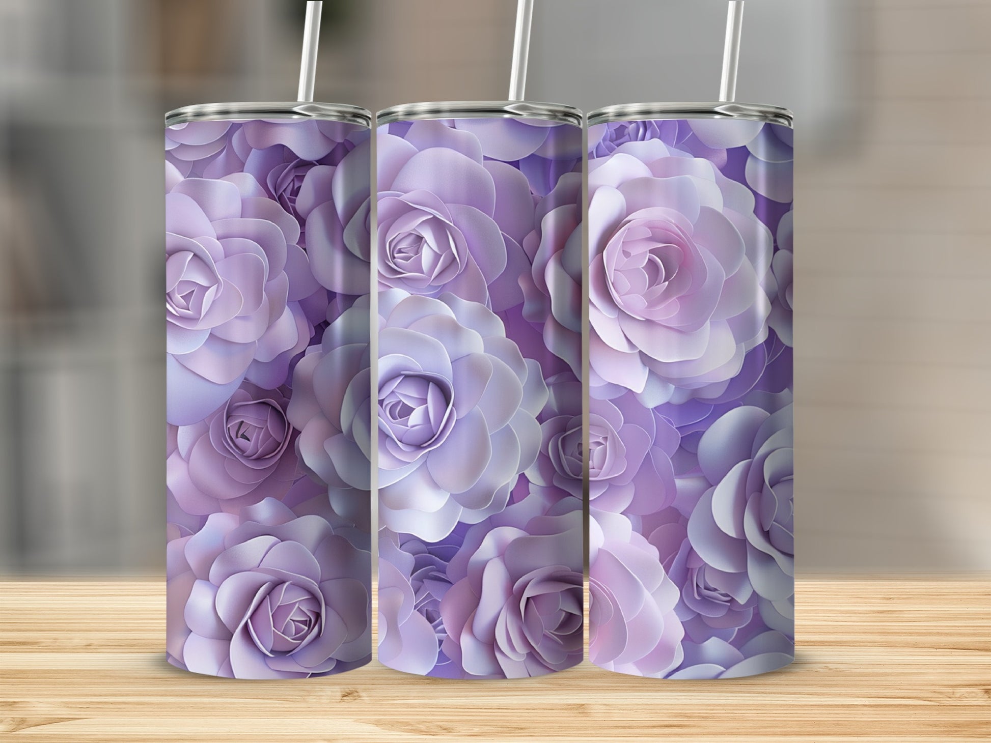 Three tumblers with a lavender floral rose pattern.