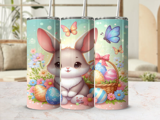 Cute bunny with butterflies and Easter eggs on a pastel background.