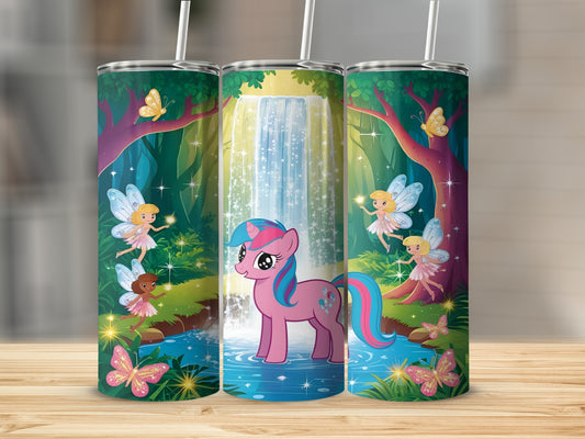Unicorn and fairies in a forest with waterfall.