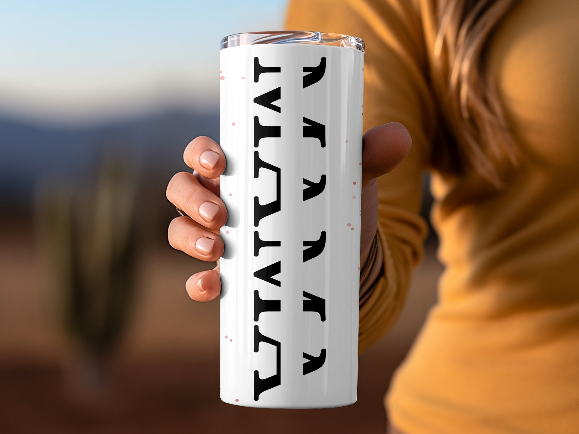 Stylish White Travel Mug with Bold Black Print
