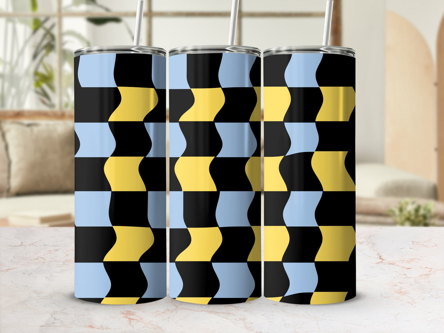 Three tumblers with a black, blue, and yellow checkered pattern.