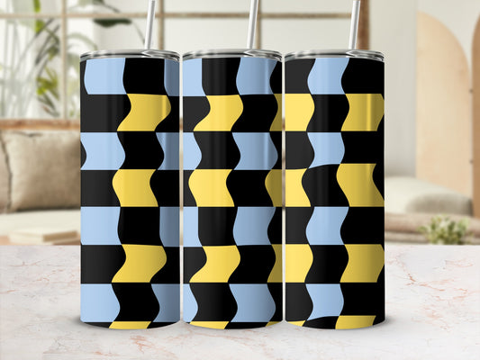 Three tumblers with a black, blue, and yellow checkered pattern.