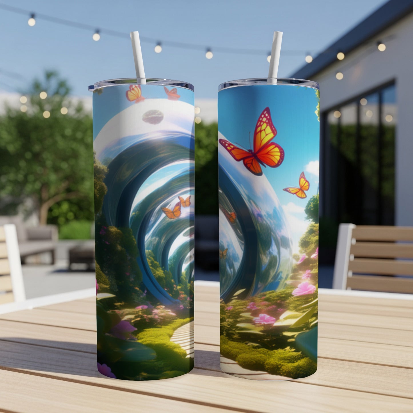 Two tall tumblers with a surreal landscape and butterflies design.