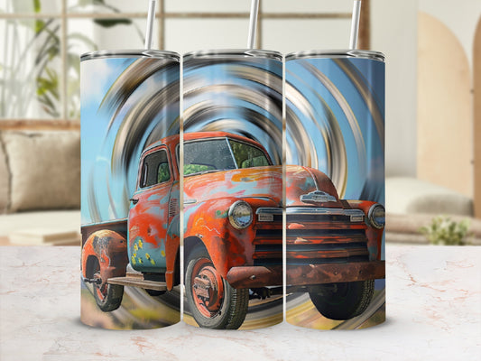 Vintage rusty red truck with spiraling blue sky background.