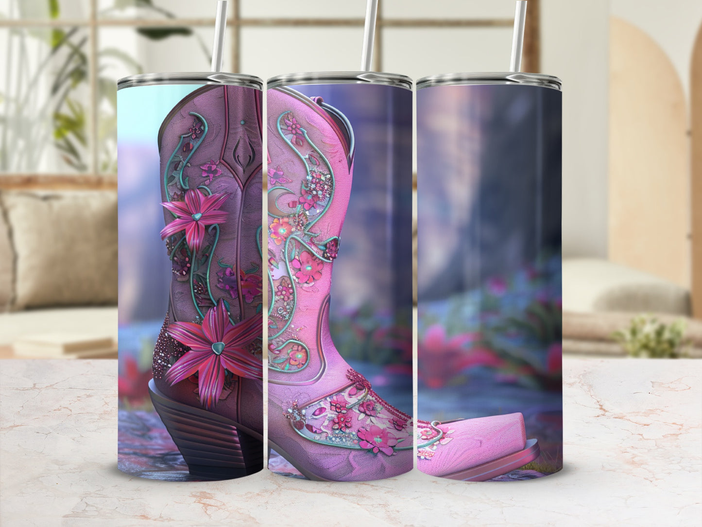 Pink cowboy boot with floral embellishments on a patterned background.