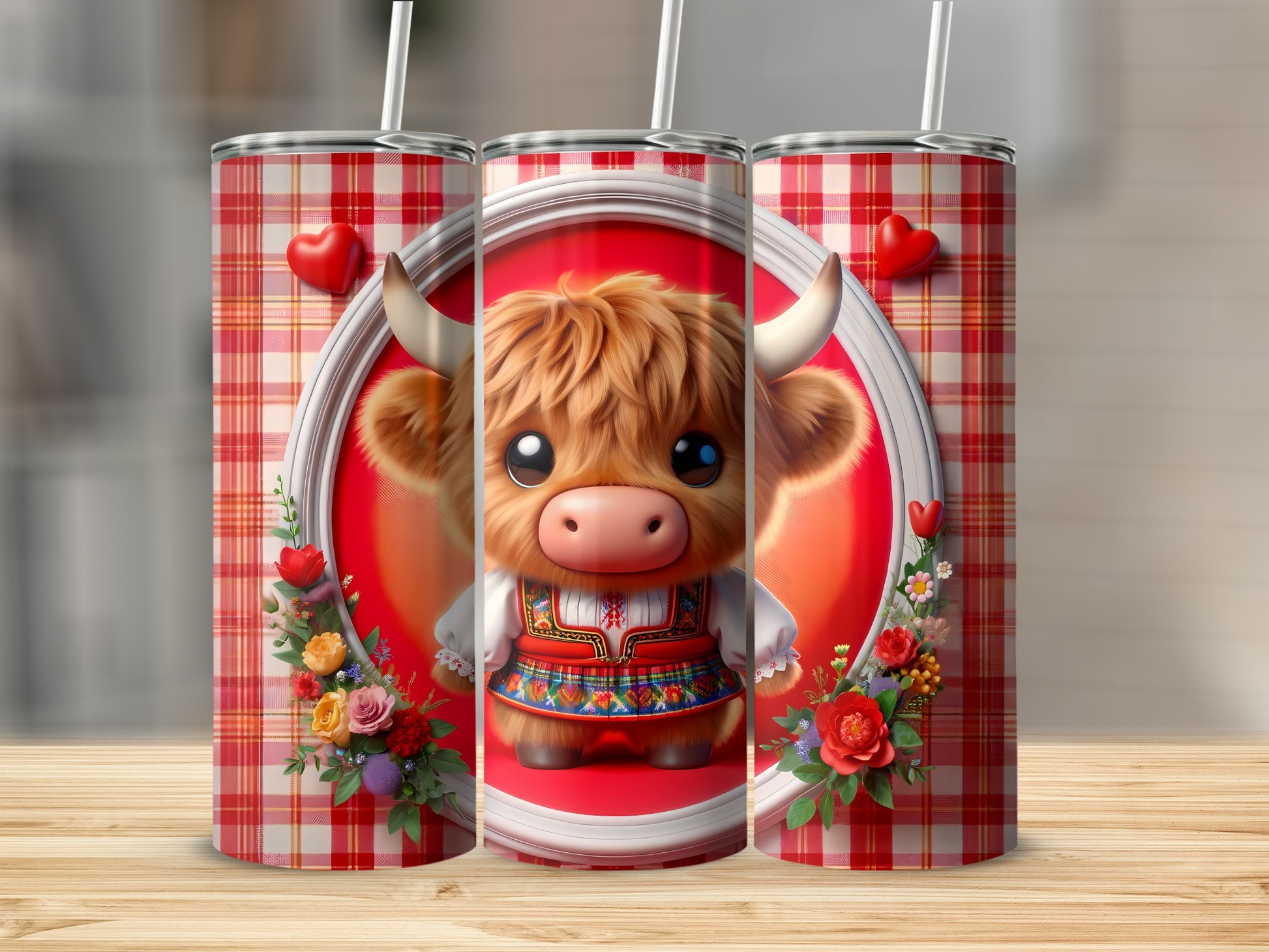 Chubby cow cartoon in red plaid frame with flowers and hearts.