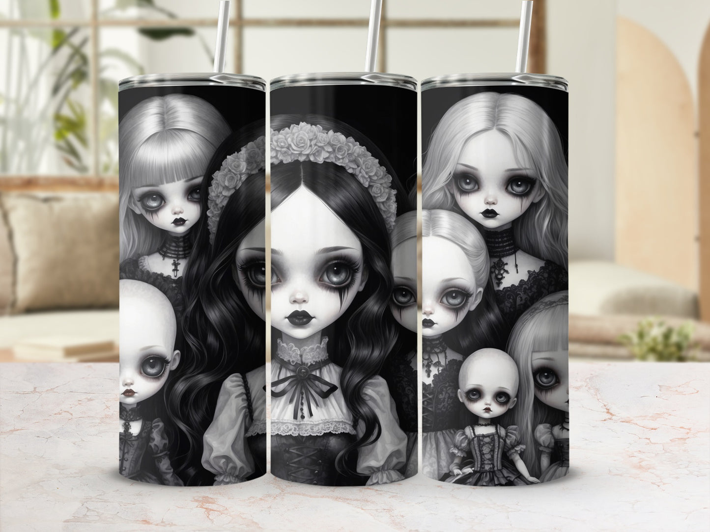 Gothic dolls with pale skin and dark hair, a macabre collection.